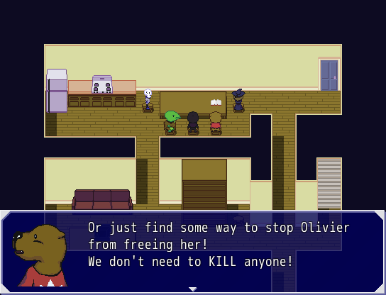 The party has a conversation in the rowhouse kitchen